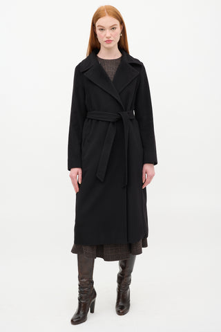 Max Mara Studio Black Wool Belted Double Breasted Long Coat