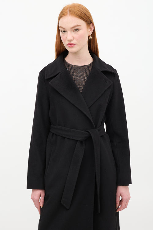 Max Mara Studio Black Wool Belted Double Breasted Long Coat