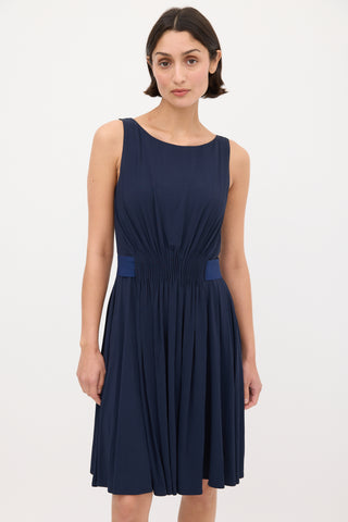 Max Mara Studio Navy Gathered Waist Midi Dress