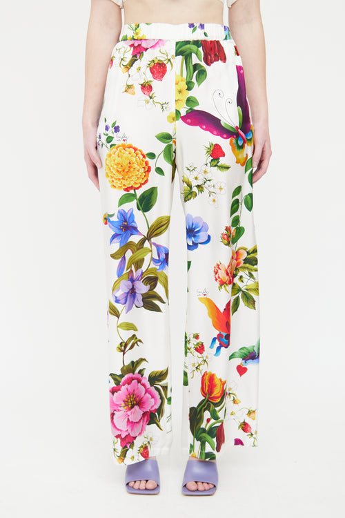 Max Mara White & Multicolour Silk Floral Trouser