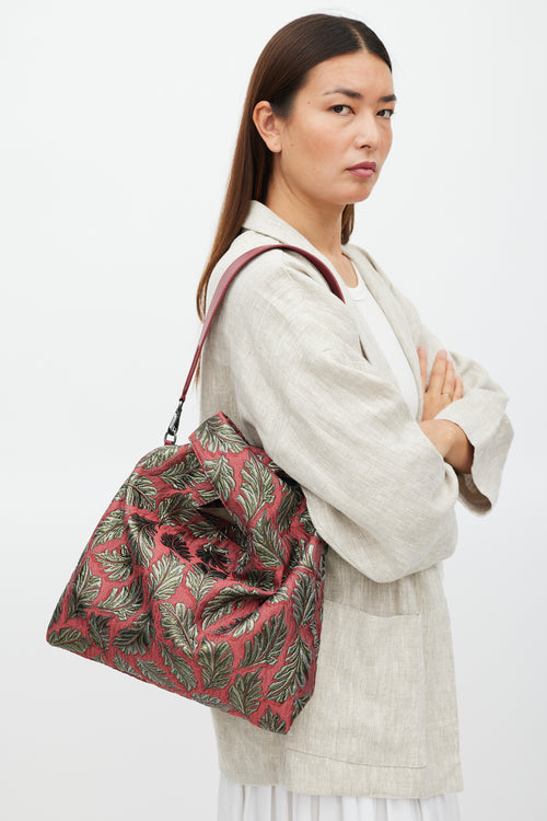 Max Mara Weekend Red & Green Leaf Brocade Tote Bag