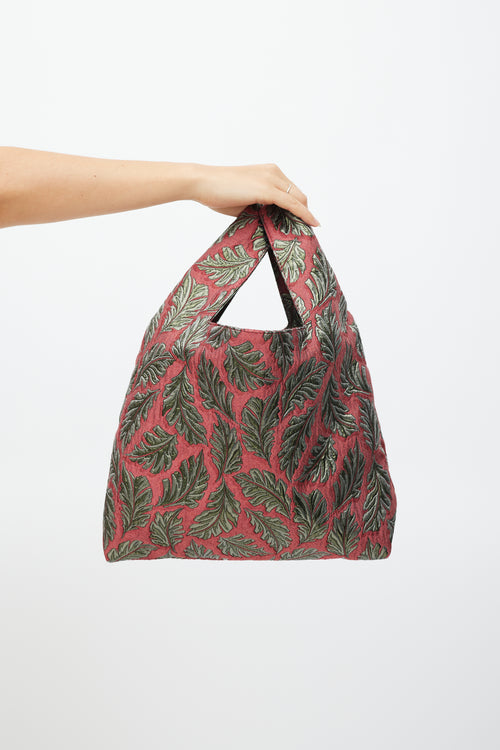 Max Mara Weekend Red & Green Leaf Brocade Tote Bag