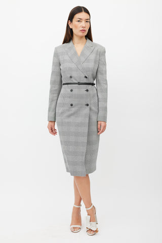 Max Mara White & Black Houndstooth Belted Coat Dress