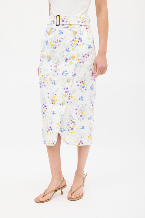 Max Mara White & Multicolour Cotton Floral Belted Skirt