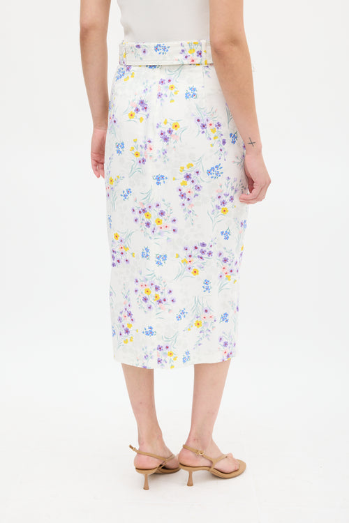 Max Mara White & Multicolour Cotton Floral Belted Skirt