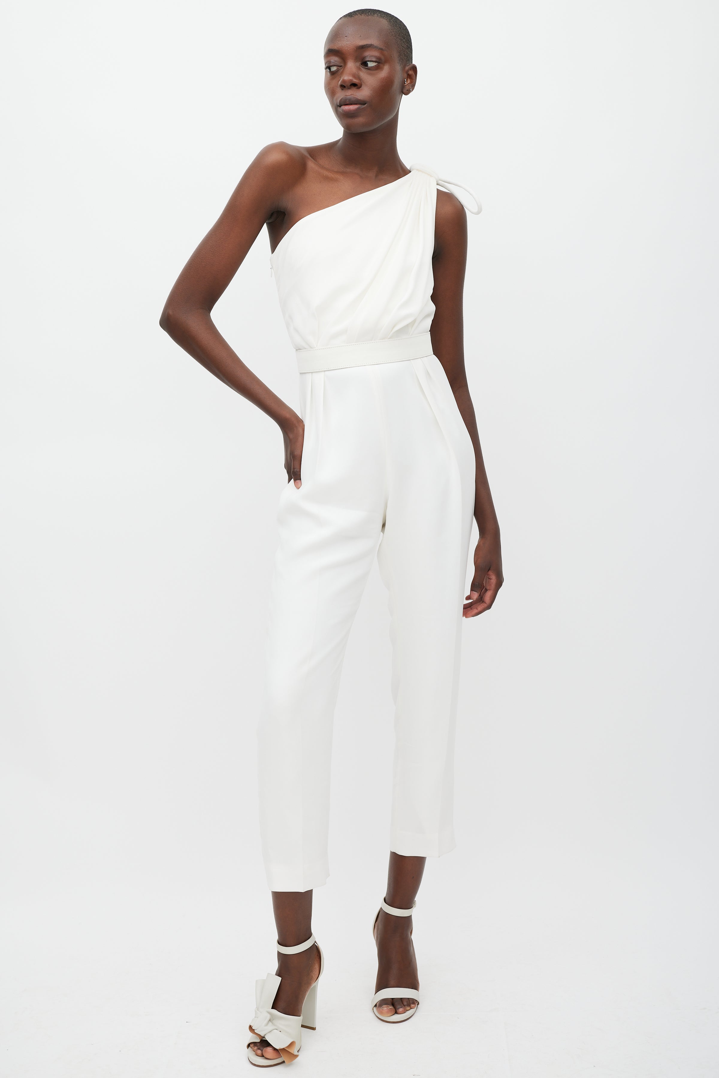 white monstera one shoulder jumpsuit Max Mara // White One Shoulder Belted Jumpsuit – VSP Consignment