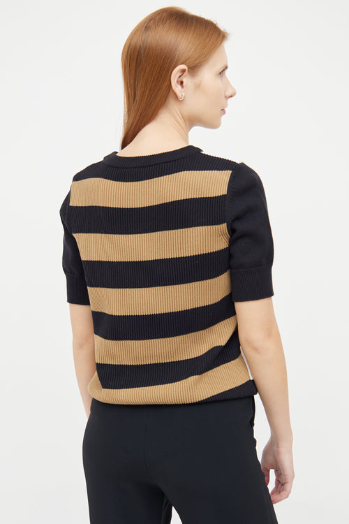 Max Mara White Black Brown Knit Short Sleeve Sweater