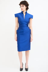 Alexander McQueen Blue Silk Structured Short Sleeve Dress