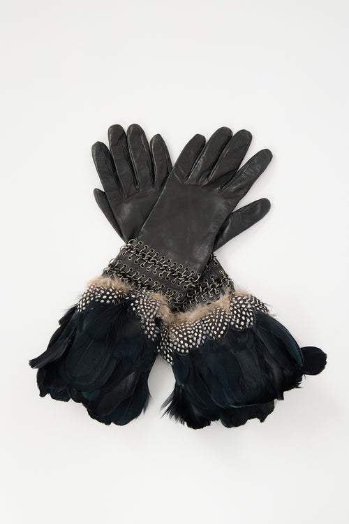 McQueen Leather Chain Link & Feather Gloves