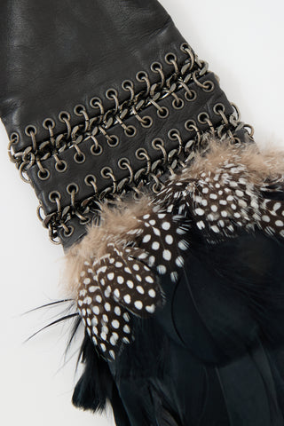 McQueen Leather Chain Link & Feather Gloves