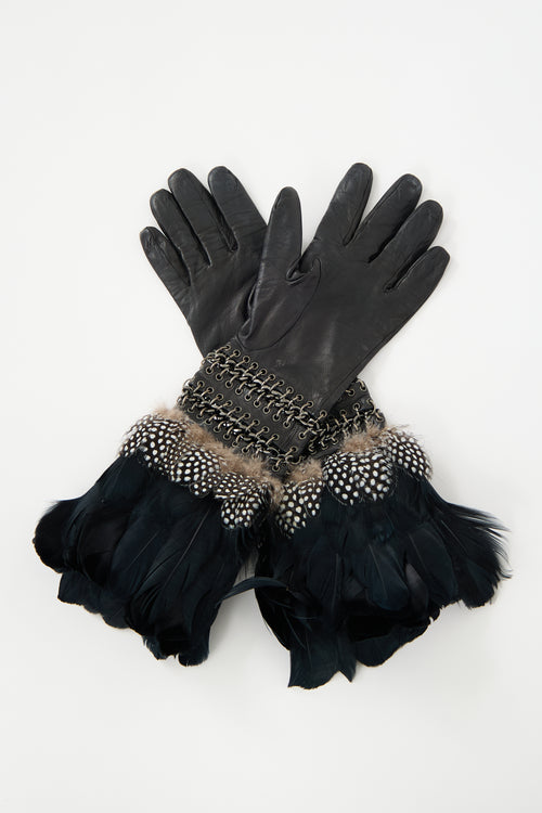 McQueen Leather Chain Link & Feather Gloves