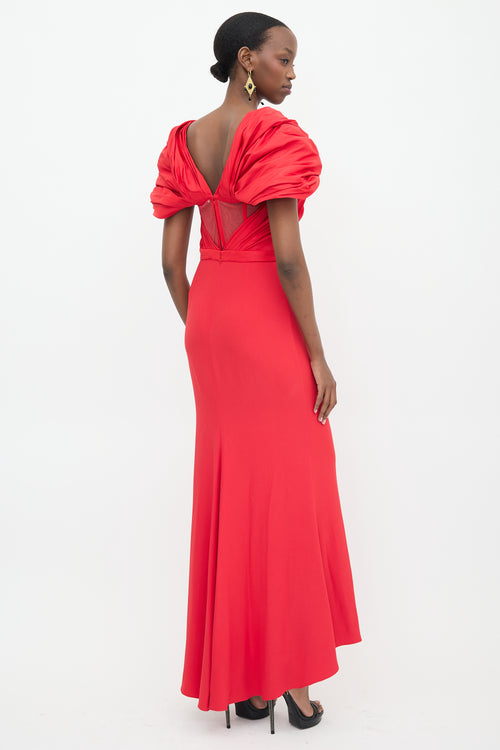 McQueen Poly Faille & Mesh Maxi Dress