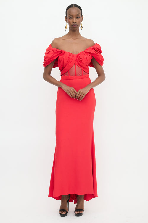 McQueen Poly Faille & Mesh Maxi Dress