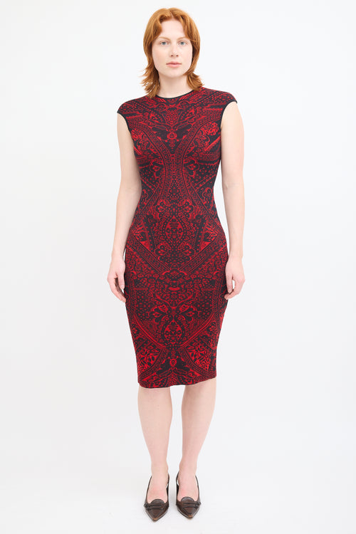 Alexander Mcqueen Red & Black Knit Lace Midi Dress