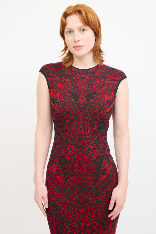 Alexander Mcqueen Red & Black Knit Lace Midi Dress