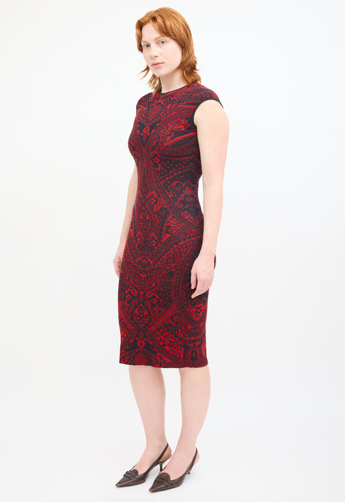 Alexander Mcqueen Red & Black Knit Lace Midi Dress