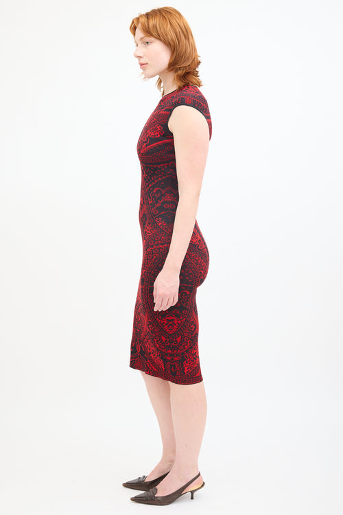 Alexander Mcqueen Red & Black Knit Lace Midi Dress