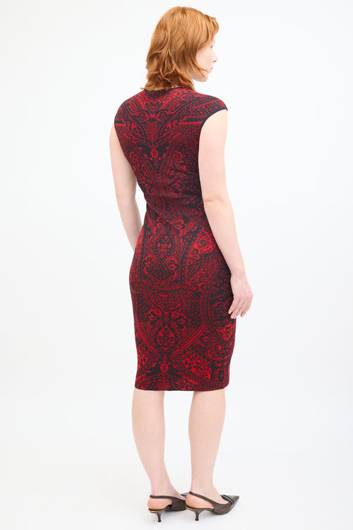 Alexander Mcqueen Red & Black Knit Lace Midi Dress