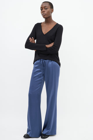 Michelle Farmer Blue Silk Drawstring Waist Straight Leg Trouser