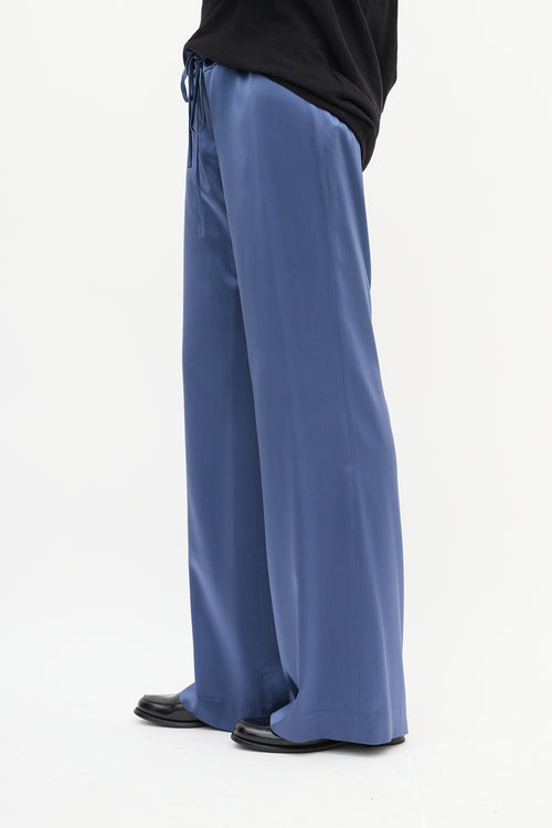 Michelle Farmer Blue Silk Drawstring Waist Straight Leg Trouser