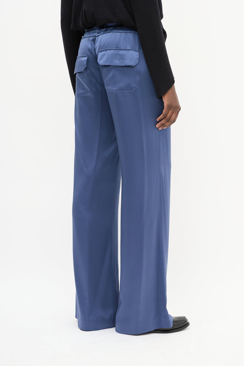 Michelle Farmer Blue Silk Drawstring Waist Straight Leg Trouser