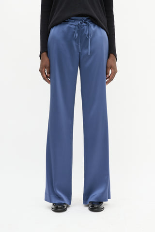 Michelle Farmer Blue Silk Drawstring Waist Straight Leg Trouser