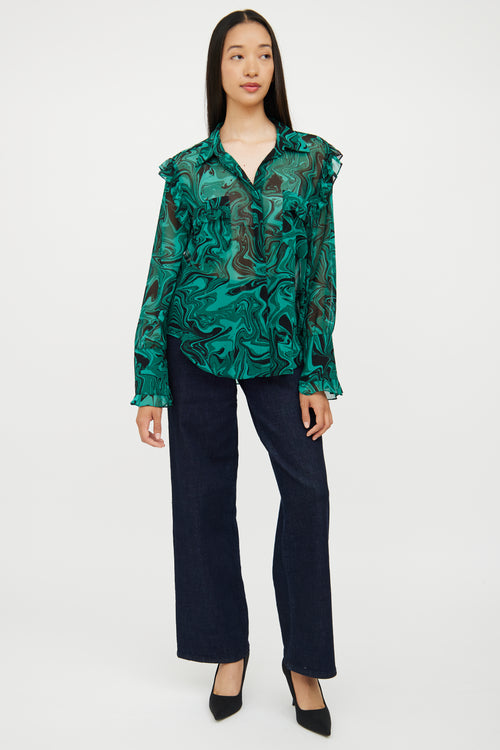 Misa Green & Black Swirl Ruffle Blouse