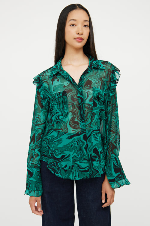 Misa Green & Black Swirl Ruffle Blouse