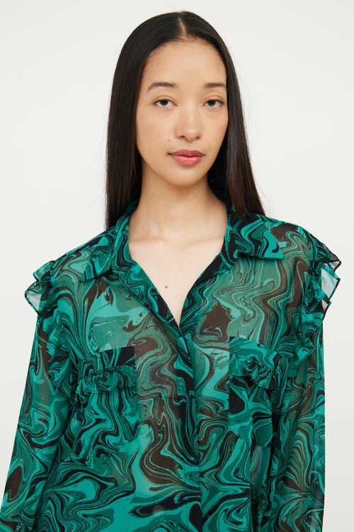 Misa Green & Black Swirl Ruffle Blouse