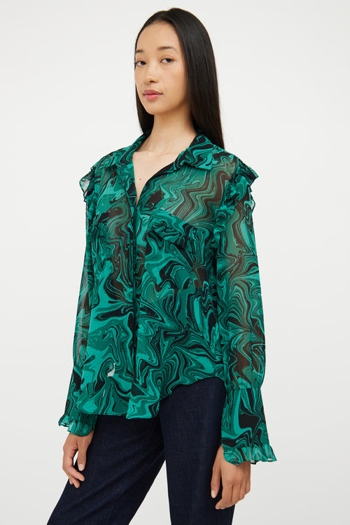 Misa Green & Black Swirl Ruffle Blouse