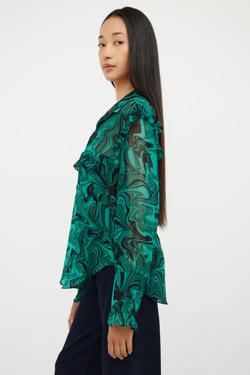 Misa Green & Black Swirl Ruffle Blouse