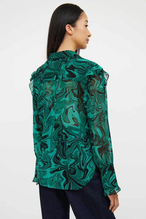 Misa Green & Black Swirl Ruffle Blouse