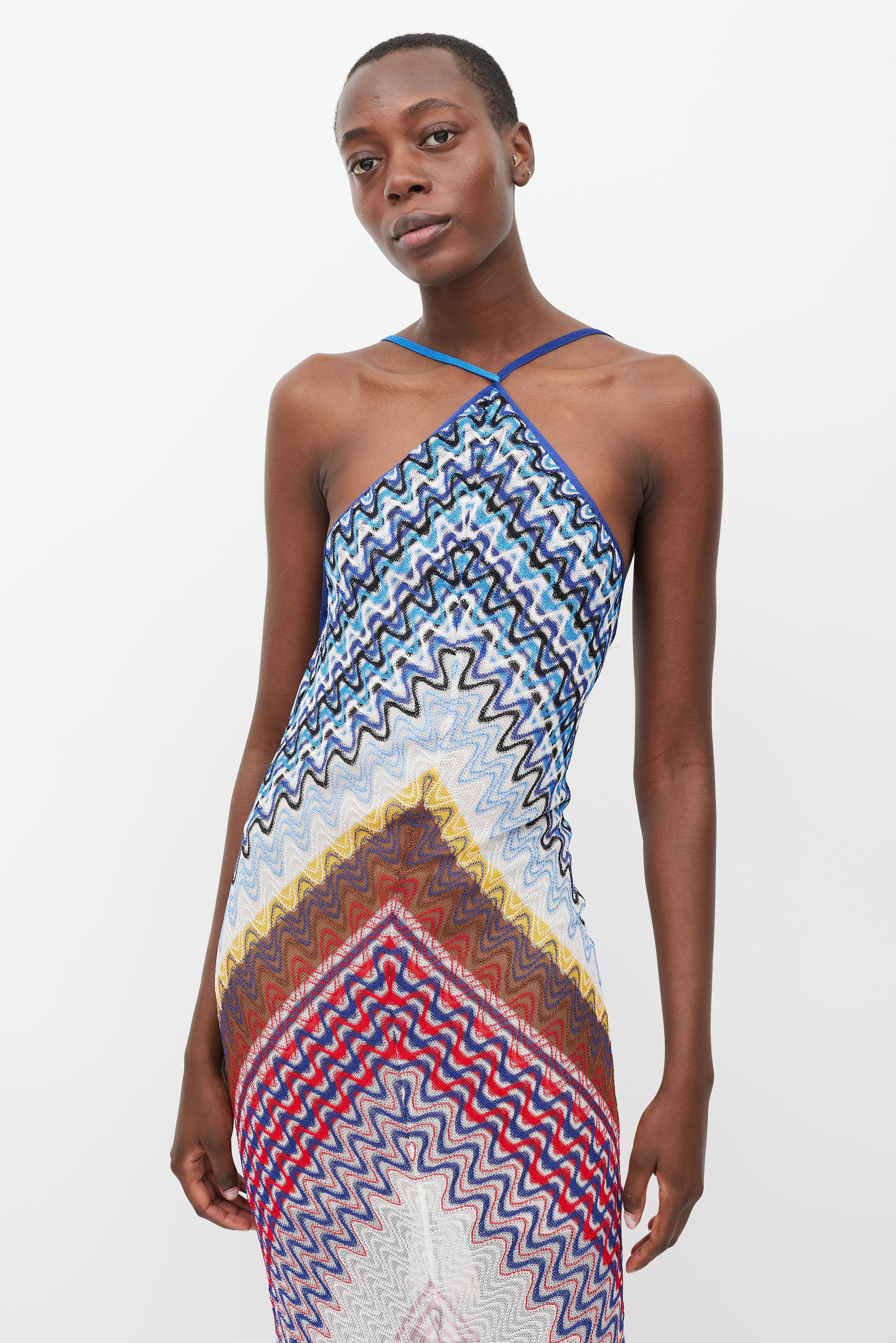 Missoni // Blue & Multicolour Wave Knit Halter Dress VSP Consignment Missoni // Blue & Multicolour Wave Knit Halter Dress VSP Consignment