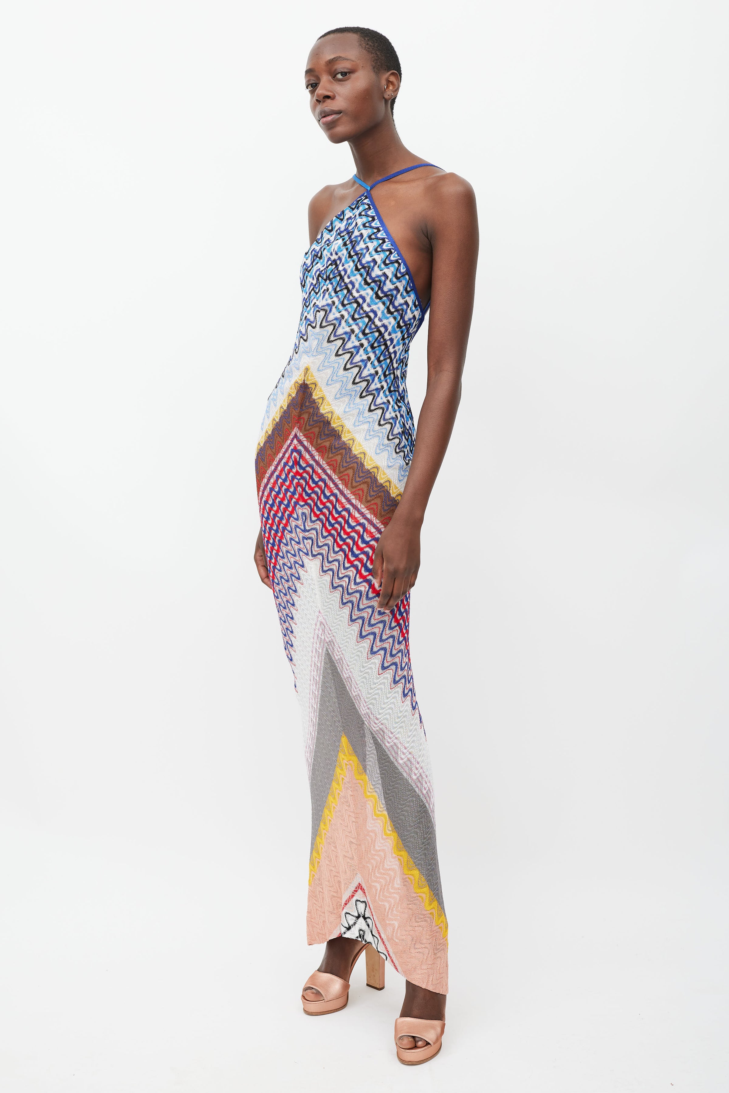 Missoni // Blue & Multicolour Wave Knit Halter Dress VSP Consignment Missoni // Blue & Multicolour Wave Knit Halter Dress VSP Consignment