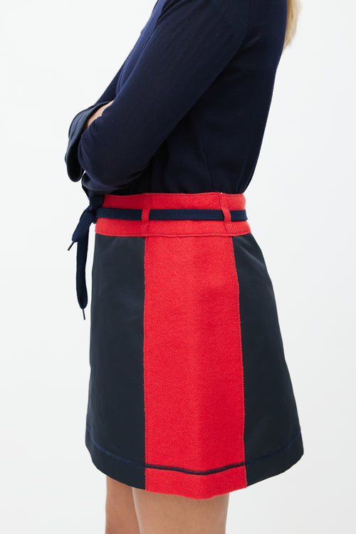 Miu Miu 1990s Navy & Red Wool Drawstring Skirt