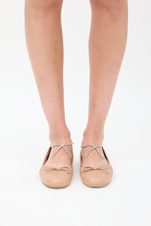 Miu Miu Beige & Silver Leather Jewel Ballet Flat