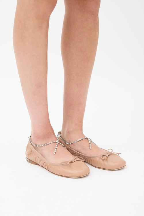 Miu Miu Beige & Silver Leather Jewel Ballet Flat