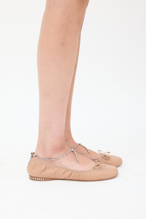 Miu Miu Beige & Silver Leather Jewel Ballet Flat