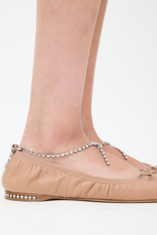 Miu Miu Beige & Silver Leather Jewel Ballet Flat