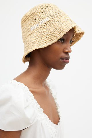 Miu Miu Beige & White Logo Woven Bucket Hat