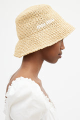 Miu Miu Beige & White Logo Woven Bucket Hat