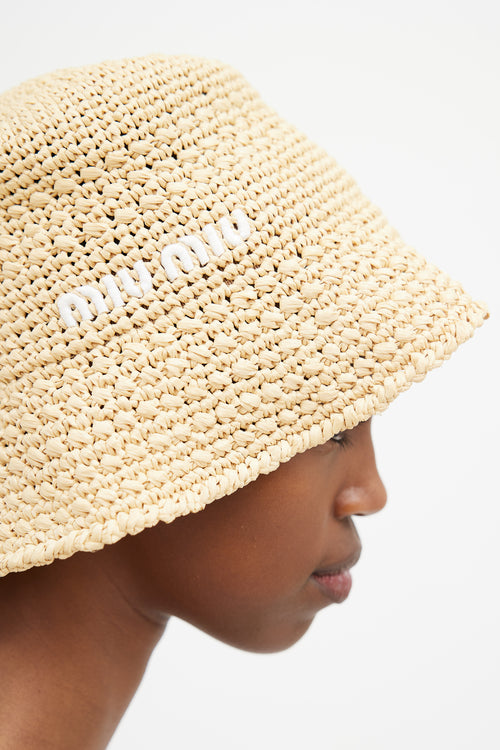 Miu Miu Beige & White Logo Woven Bucket Hat