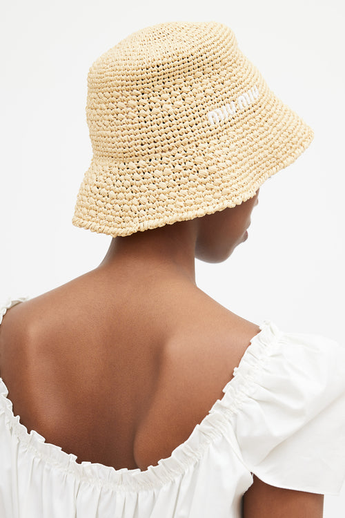Miu Miu Beige & White Logo Woven Bucket Hat