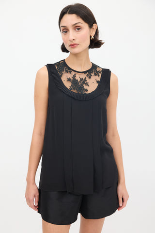 Miu Miu Black Floral Lace Panelled Pleated Top