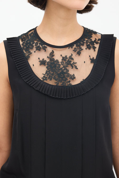 Miu Miu Black Floral Lace Panelled Pleated Top