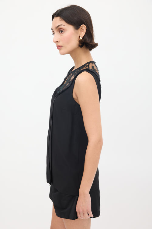 Miu Miu Black Floral Lace Panelled Pleated Top