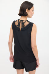 Miu Miu Black Floral Lace Panelled Pleated Top
