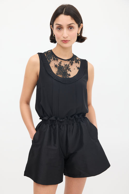 Miu Miu Black Floral Lace Panelled Pleated Top