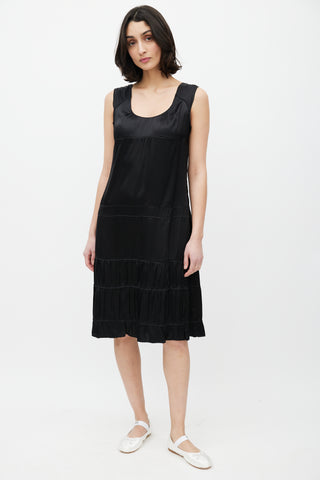 Miu Miu Black Pleated Tiered Silk Dress