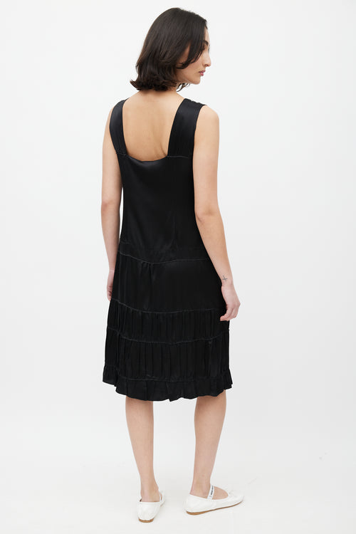 Miu Miu Black Pleated Tiered Silk Dress